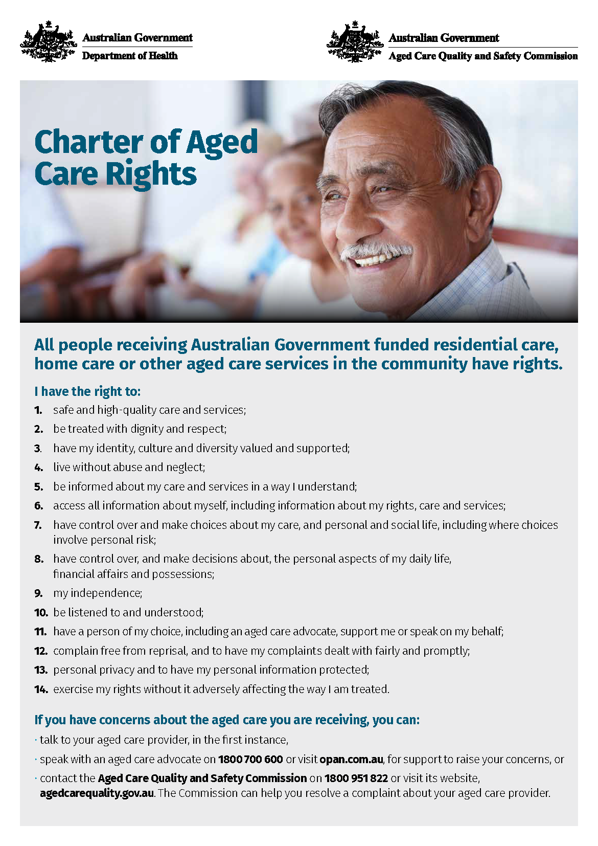 Right care. Charter. Australian government Department of Health and aged Care logo.